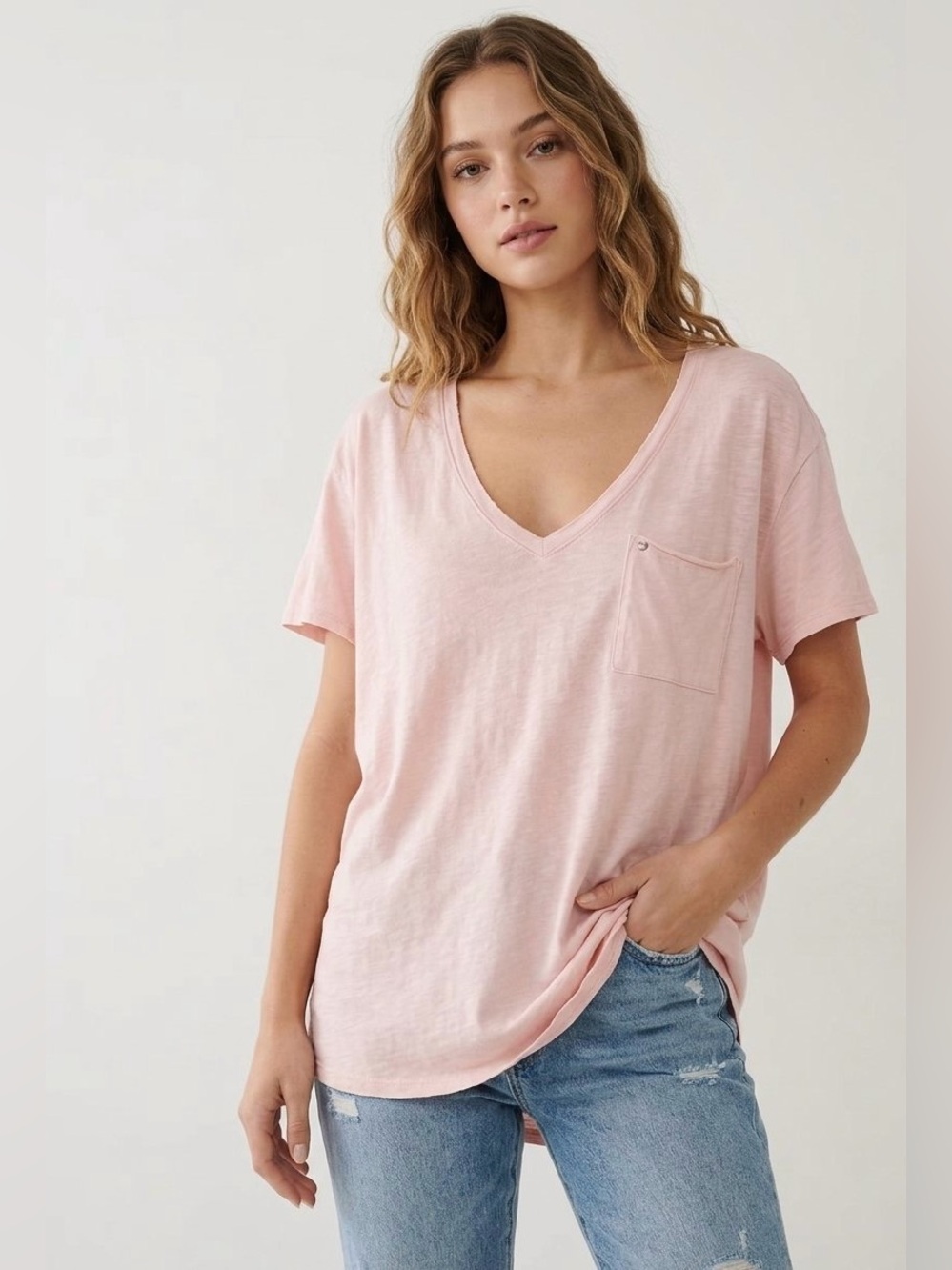 True Religion Soft V-Neck Pocket Tee in Pale Pink